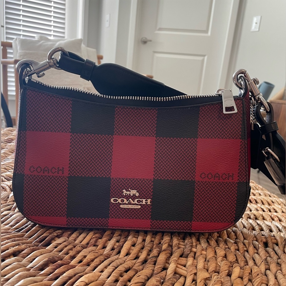 New with Tags- Coach Jes Baguette Crossbody. Black and Red Buffalo Plaid.